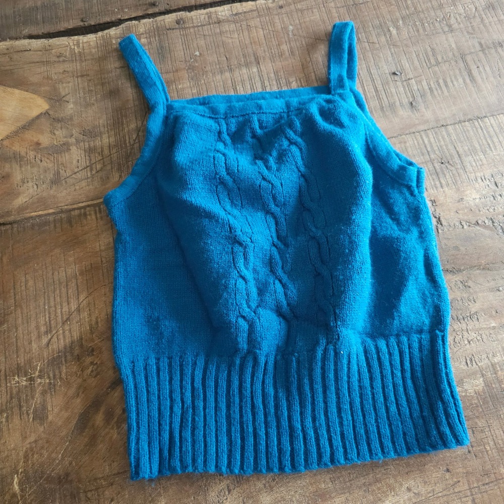Vintage White Stag Playmore Teal Blue Cable Knit Tank Top Sweater Vest Girls